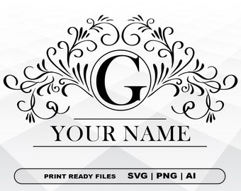 May include: Black and white monogram design with a decorative floral frame and the letter "G" in the centre. The text "YOUR NAME" is below the monogram. The text "PRINT READY FILES SVG | PNG | AI" is at the bottom of the image.