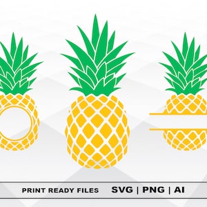 May include: Three pineapple SVG cut files. The pineapples are yellow with green tops. One pineapple has a circle in the middle for a monogram. The other two pineapples have a split in the middle for a monogram.