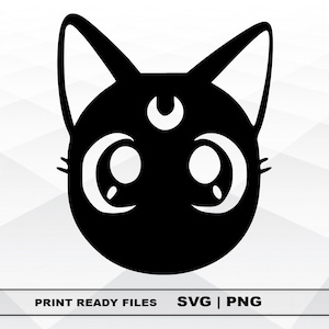 May include: Black and white silhouette of a cat with large eyes and a crescent moon on its forehead.