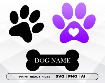Pata de perro svg, perro hueso svg, pata del corazón, archivos de mascotas Clipart, impresión Ai y Svg Digital Descargar Cricut Cortar Archivos