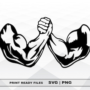 May include: Black and white illustration of two muscular arms engaged in an arm wrestling match. The arms are depicted in a dynamic pose, with one arm pushing down on the other.