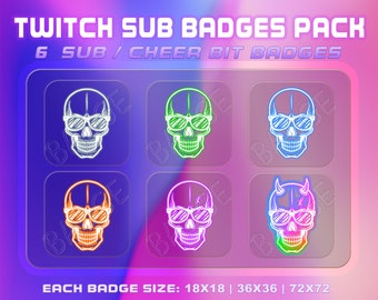Peut inclure: Un ensemble de six badges de souscription Twitch avec des motifs de crânes néon portant des lunettes de soleil. Les badges sont disponibles en six couleurs différentes : blanc, vert, bleu, orange, violet et rose. Chaque badge est disponible en trois tailles : 18x18, 36x36 et 72x72 pixels.