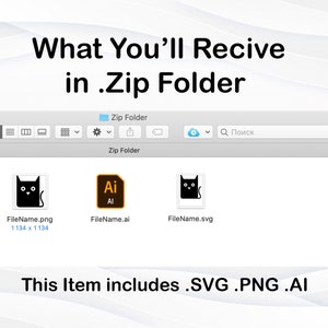 May include: A screenshot of a computer screen showing a folder named "Zip Folder" containing three files: "FileName.png", "FileName.ai", and "FileName.svg". The text "This Item includes .SVG .PNG .AI" is displayed below the folder.