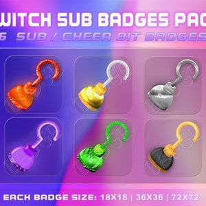 Hooks 6 Sub/Bit Twitch Badges with Instant download. Twitch Hooks Badge Set