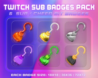 Hooks 6 Sub/Bit Twitch Badges with Instant download. Twitch Hooks Badge Set