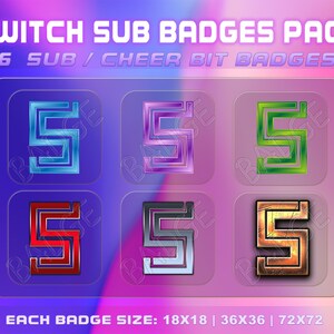 Letra "S" 6 Sub/Bit Twitch Badges con descarga instantánea. Conjunto de insignias "S" de la letra "S" de Twitch