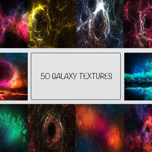 Puede incluir: Una colección de 50 texturas de galaxias, con colores vibrantes y patrones en espiral. Las texturas son perfectas para usar en arte digital, diseño y otros proyectos creativos.