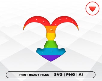Puede incluir: Una silueta de dos personas de color arcoíris que se miran, con sus cabezas formando un corazón. La silueta está recortada sobre un fondo blanco, con un icono de corazón rojo en la esquina superior derecha.