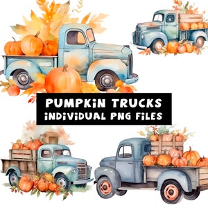 Set of Watercolor Vintage Truck With Pumpkins, Fall PNG For Commercial Use POD, Autumn Clipart For Sublimation prints on demand and more