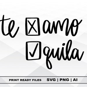 May include: Black and white graphic design with the text "te amo tequila" with checkboxes next to each word. The checkbox next to "te" is unchecked and the checkbox next to "tequila" is checked.