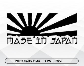 May include: Black and white graphic design featuring a rising sun with rays and the text "MADE IN JAPAN" in Japanese characters. The design includes a mountain silhouette at the bottom. The words "PRINT READY FILES SVG | PNG" are at the bottom.