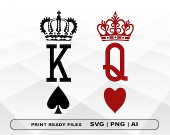 King and Queen SVG, Playing Cards, King of Spades, Queen of Hearts, Print Ai and Svg, Png Digital Download Cricut Cut Files