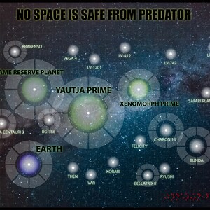 Può includere: Una mappa della galassia con il testo "No Space Is Safe From Predator" in alto. La mappa mostra le posizioni di vari pianeti, tra cui la Terra, Yautja Prime e Xenomorph Prime. I pianeti sono collegati da linee e la mappa è circondata da stelle.