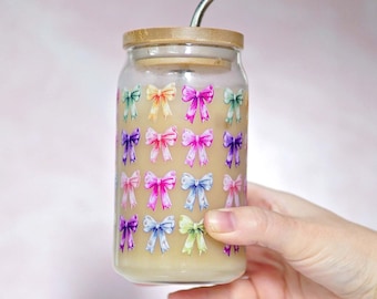 Coquette Colorful Bows Can Glass | Soda Can Glass | Iced Coffee Glass Coffee Cup | Cottagecore coquette Glass Can | Iced Coffee Cup