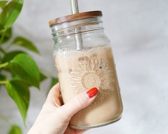 XL Sunflower Mason Jar Coffee Cup | XL Glass Coffee Cup | Iced Coffee Glass | Smoothie Cup | Boba Cup Set  | Mason Jar Cup & Lid
