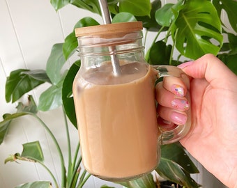 Mason Jar Iced Coffee Cup |  Glass Coffee Cup | Iced Coffee Glass | Smoothie Cup | Boba Cup Set | Handled Mason Jar Coffee Cup