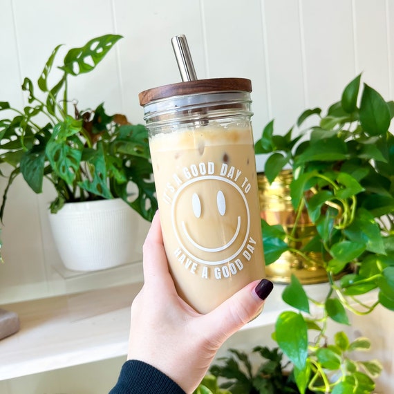 Good Day Happy Face Mason Jar Iced Coffee Cup Glass Coffee Cup Iced Coffee  Glass Smoothie Cup Boba Cup Set Bubble Tea Cup 