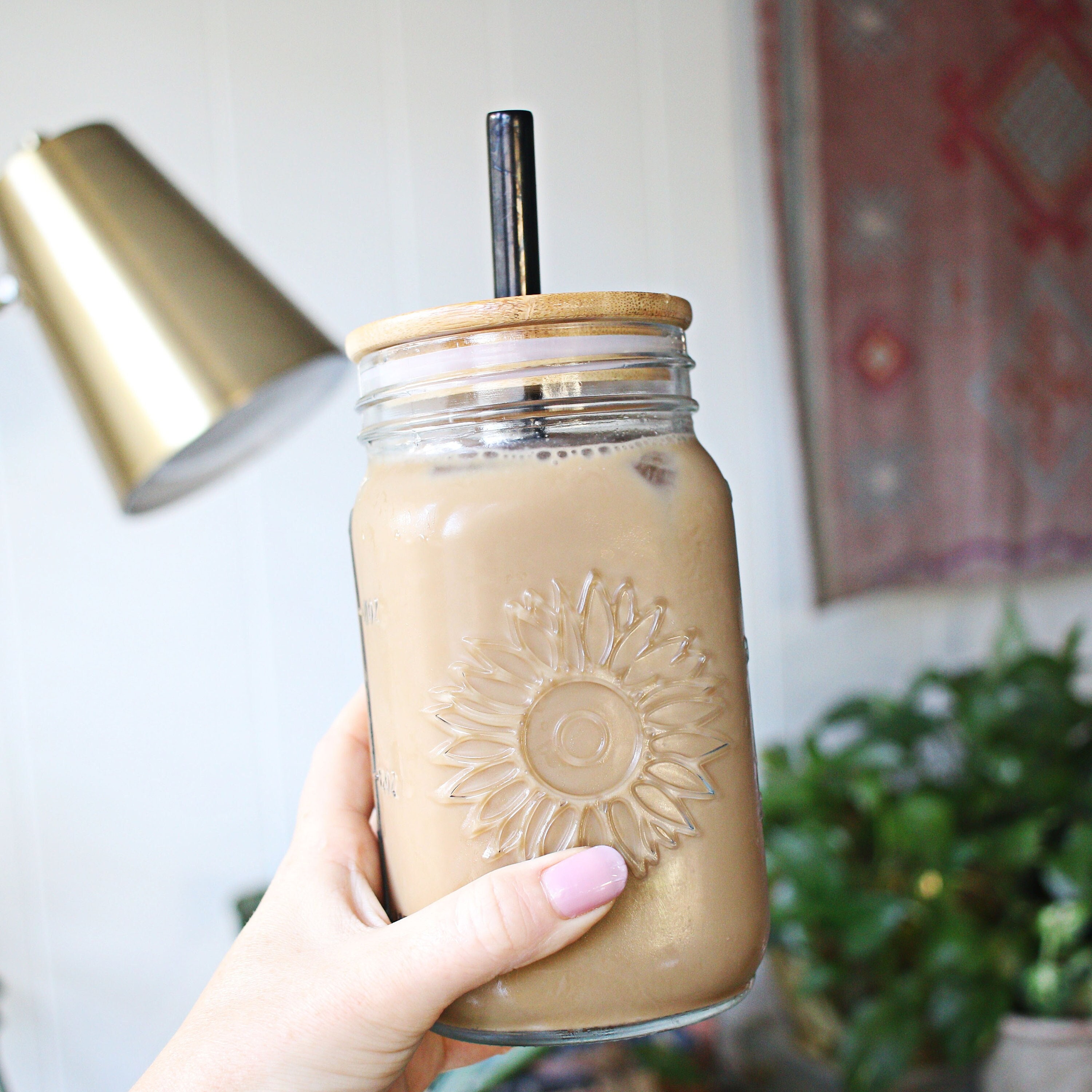 XL Sunflower Mason Jar Coffee Cup | XL Glass Coffee Cup | Iced Coffee…