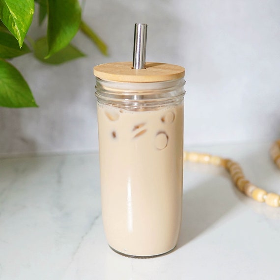 16oz Glass Cup Bamboo Lid Curved Glass Straw 3pc Iced Coffee Tea