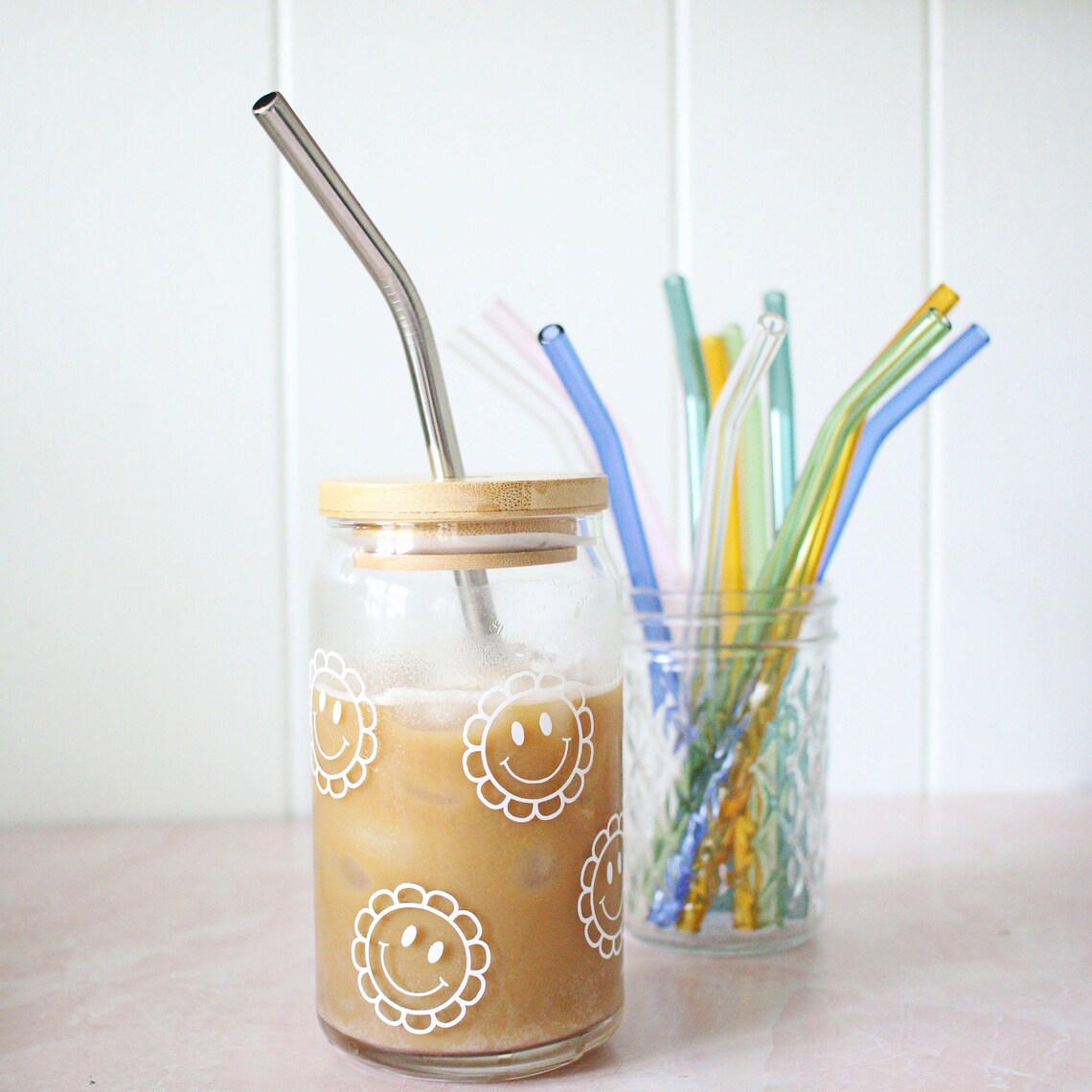 Beer Can Glass Bamboo Lid Glass Straws Libbey Beer Can Etsy