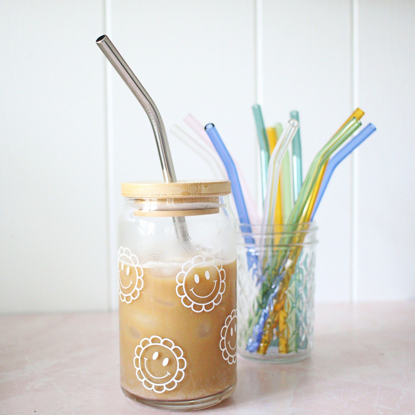 Beer Can Glass Bamboo Lid Glass Straws Libbey Beer Can Etsy