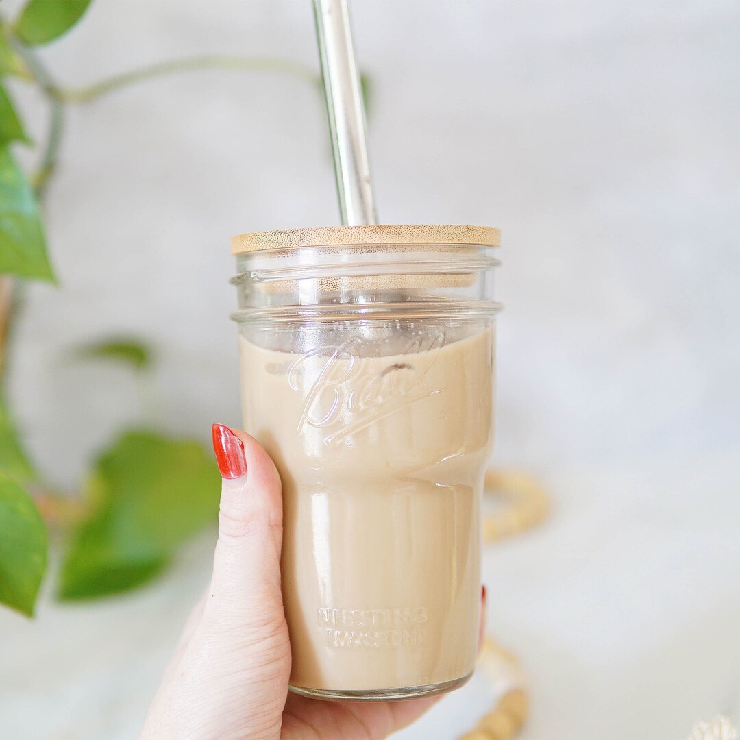 Mason Jar Cup & Lid Glass Coffee Cup Iced Coffee Glass Smoothie Cup