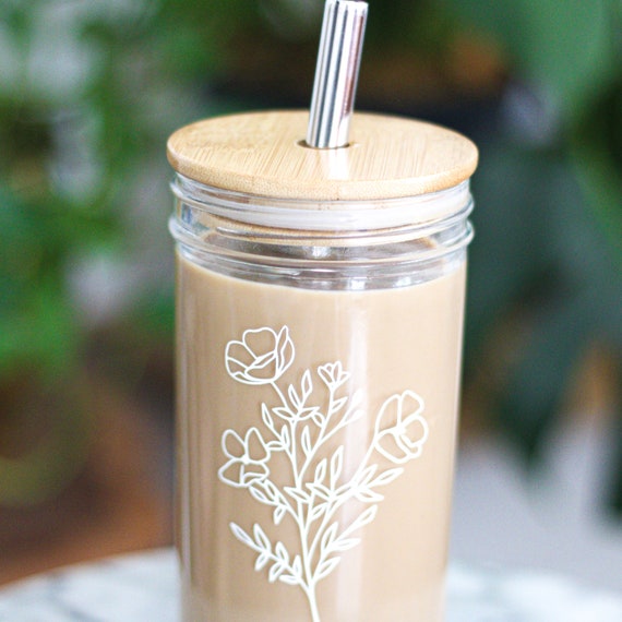 Floral Mason Jar Iced Coffee Cup Glass Coffee Cup Iced Coffee Glass  Smoothie Cup Boba Cup Set Bubble Tea Cup 