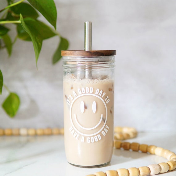 Good Day Happy Face Mason Jar Iced Coffee Cup Glass Coffee Cup