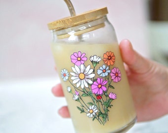 Wild Flowers Bouquet Can Glass | Soda Can Glass | Iced Coffee Glass Coffee Cup | Floral Cottagecore Glass Can | Iced Coffee Cup