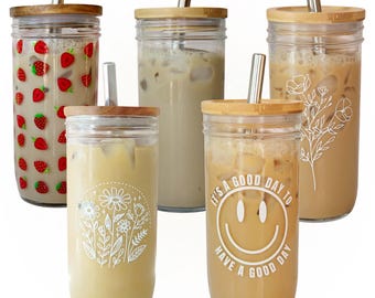 Mason Jar Iced Coffee Cup |  Glass Coffee Cup | Iced Coffee Glass | Smoothie Cup | Boba Cup Set | Bubble Tea Cup