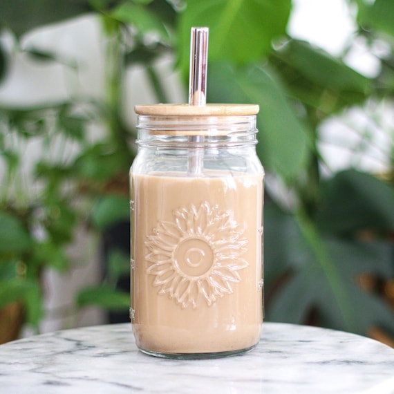 XL Sunflower Mason Jar Coffee Cup | XL Glass Coffee Cup | Iced Coffee Glass | Smoothie Cup | Boba Cup Set | Mason Jar Cup & Lid