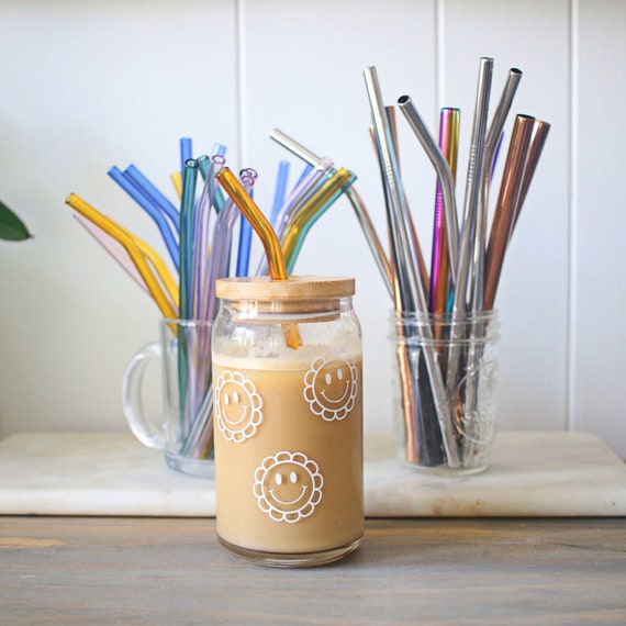 Beer Can Glass Bamboo Lid Glass Straws Libbey Beer Can Etsy