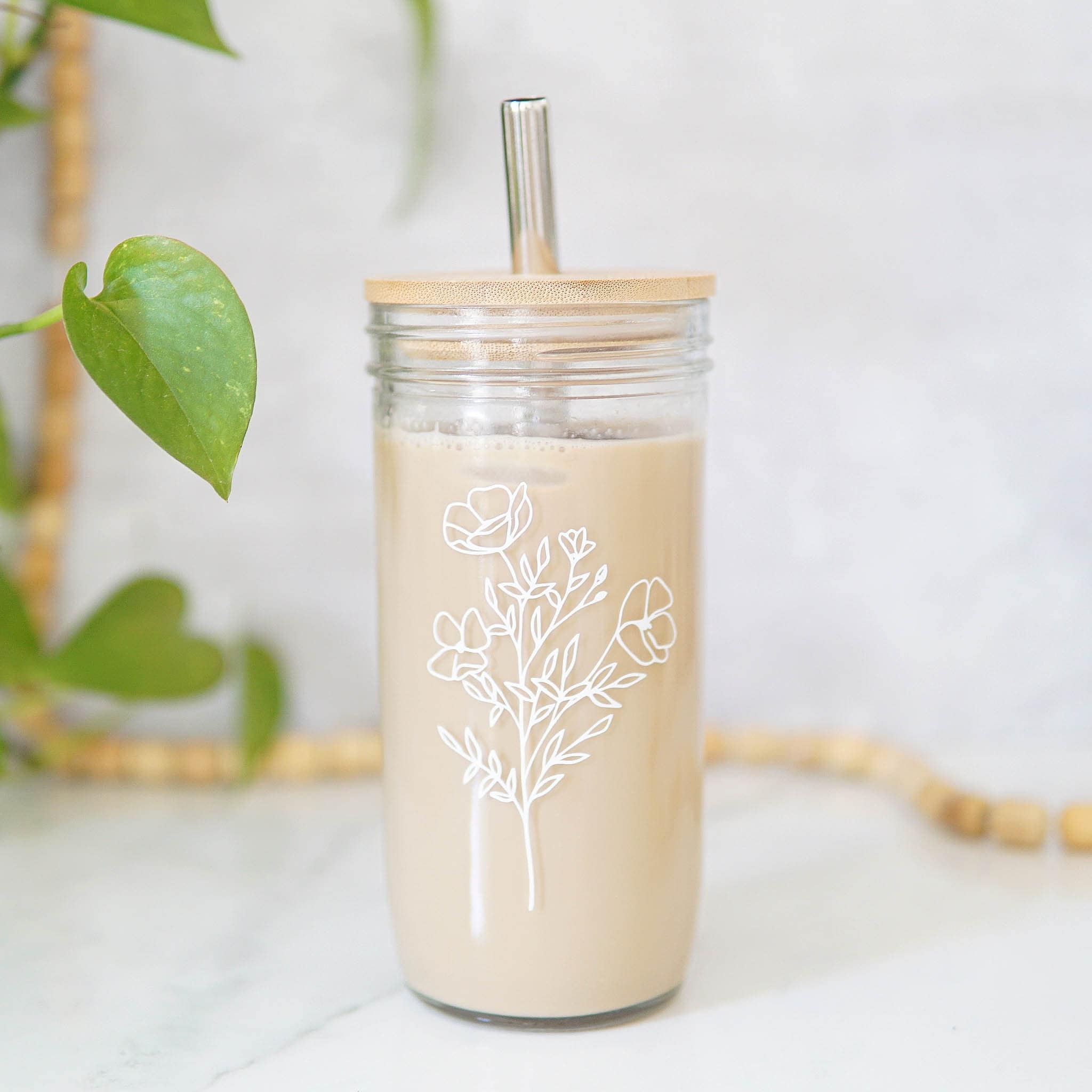 Mason Jars for Drinking Cup Bubble Tea Glass Cup with Bamboo Lid Reusable Glass  Boba Smoothie Cup with Stainless Steel Straw Cup Glasses
