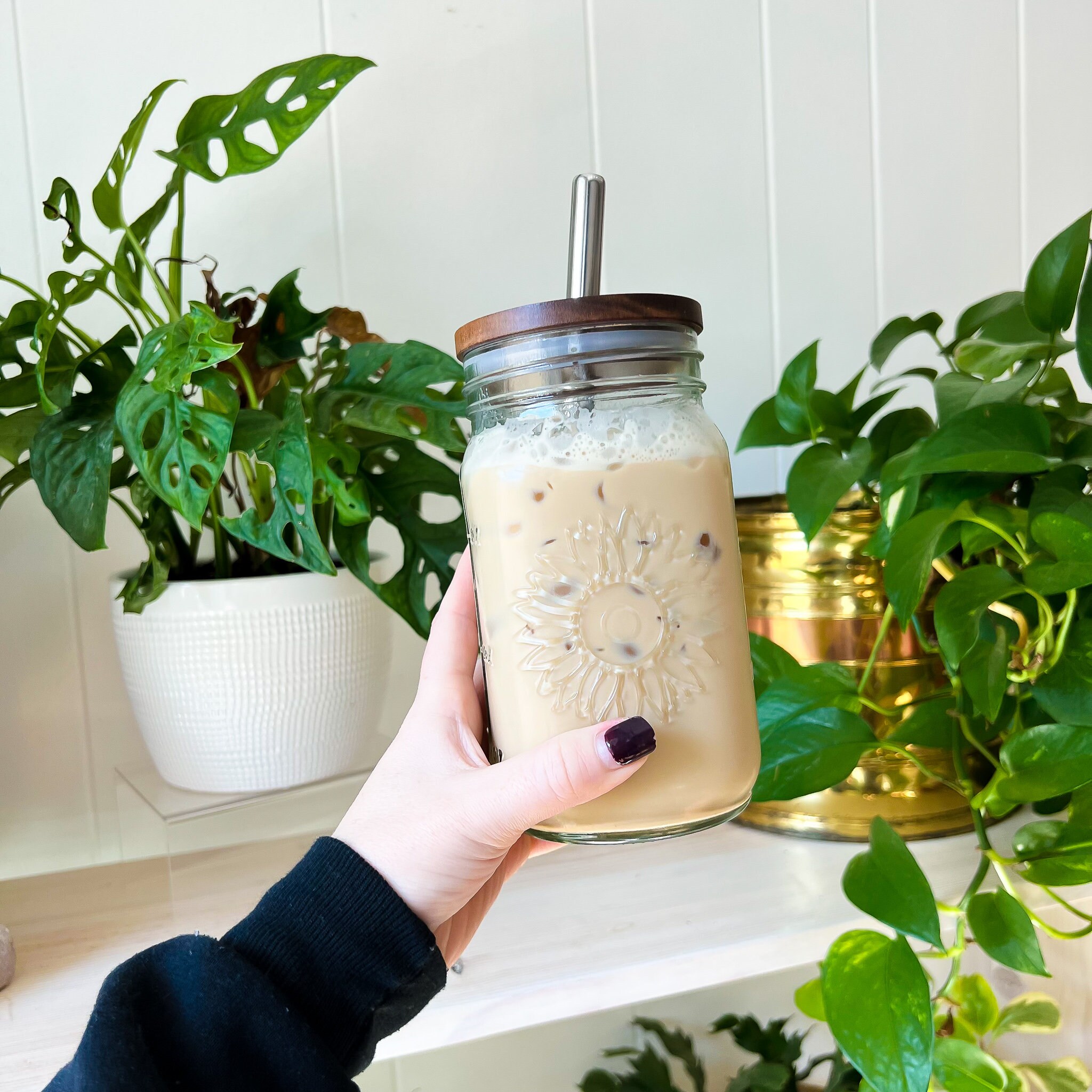 XL Sunflower Mason Jar Coffee Cup XL Glass Coffee Cup Iced Etsy