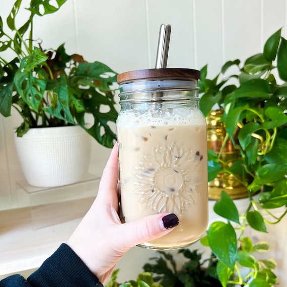 XL Sunflower Mason Jar Coffee Cup XL Glass Coffee Cup Iced Etsy