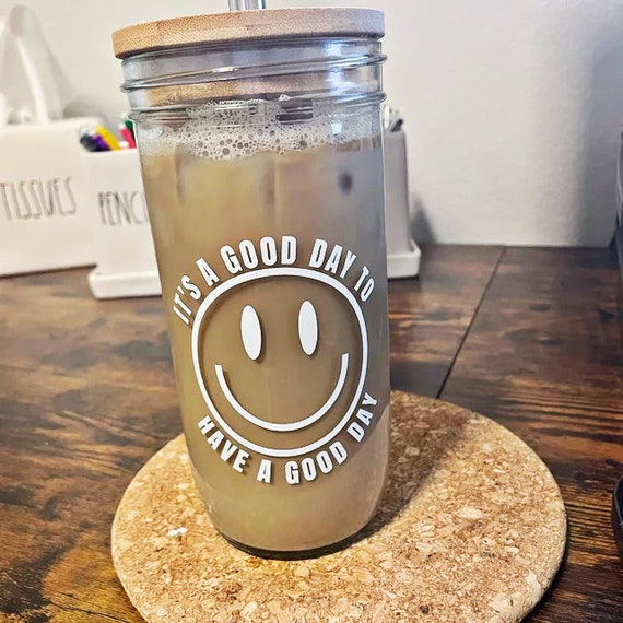 Good Day Happy Face Mason Jar Iced Coffee Cup Glass Coffee Cup Iced Coffee  Glass Smoothie Cup Boba Cup Set Bubble Tea Cup 