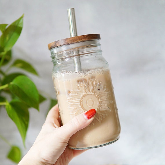 XL Sunflower Mason Jar Coffee Cup XL Glass Coffee Cup Iced Coffee Glass  Smoothie Cup Boba Cup Set Mason Jar Cup & Lid 