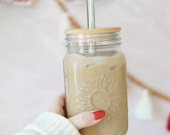 XL Sunflower Mason Jar Cup | Iced Coffee Glass | Smoothie Cup | Boba Cup Set  | Bubble Tea Cup