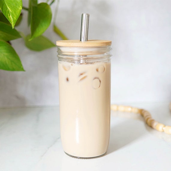 Good Day Happy Face Mason Jar Iced Coffee Cup Glass Coffee Cup Iced Coffee  Glass Smoothie Cup Boba Cup Set Bubble Tea Cup 