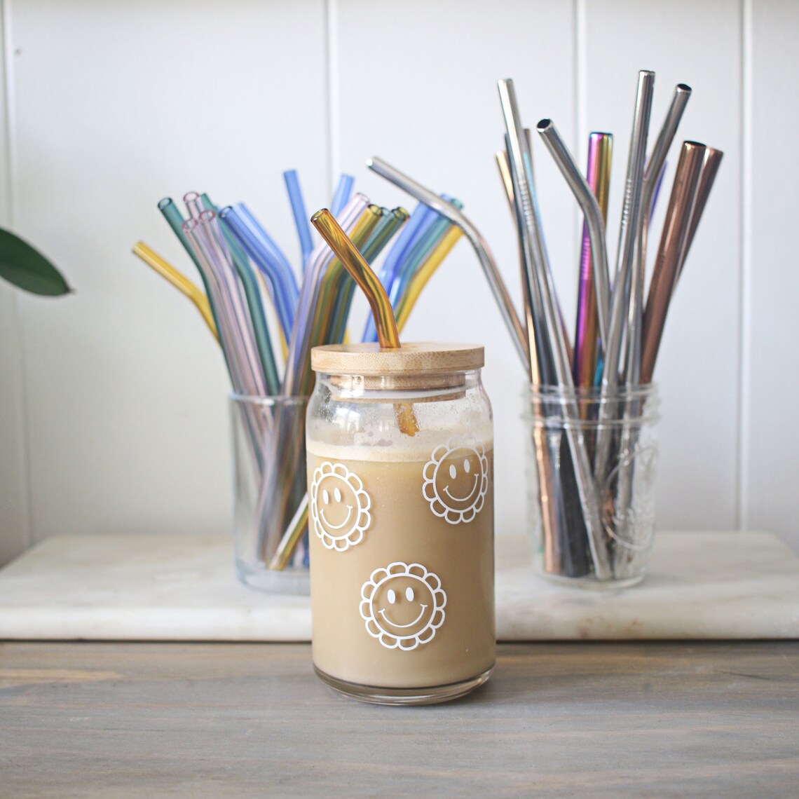 Beer Can Glass Bamboo Lid Glass Straws Libbey Beer Can Etsy