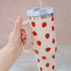 Strawberries Pink Stainless Steel 40 oz Tumbler with Handle | Stainless Steel Tumbler | Insulated Tumbler