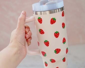 Strawberries Pink Stainless Steel 40 oz Tumbler with Handle | Stainless Steel Tumbler | Insulated Tumbler