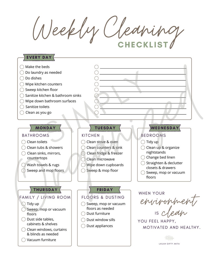 Weekly Cleaning Checklist PDF Printable Instant Download Etsy