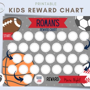 Kids Reward Chart, Personalized Reward Chart, Printables, Printable PDF, Reward, Kids, Reward System, Sports, Football, baseball, basketball