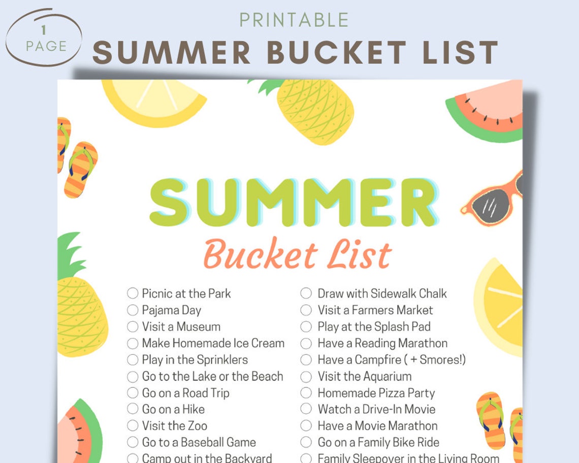 Summer Bucket List Printable PDF Bucket List Summer Goals Etsy
