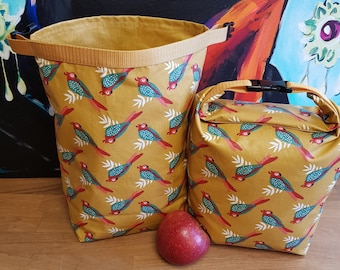 Frühlings Lunchbag XL verstellbar mit Roll Down Griff, lebensmittelecht, abwaschbar, Kulturbeutel, Fahrrad Picknick Wachstuch Tasche, ökotex