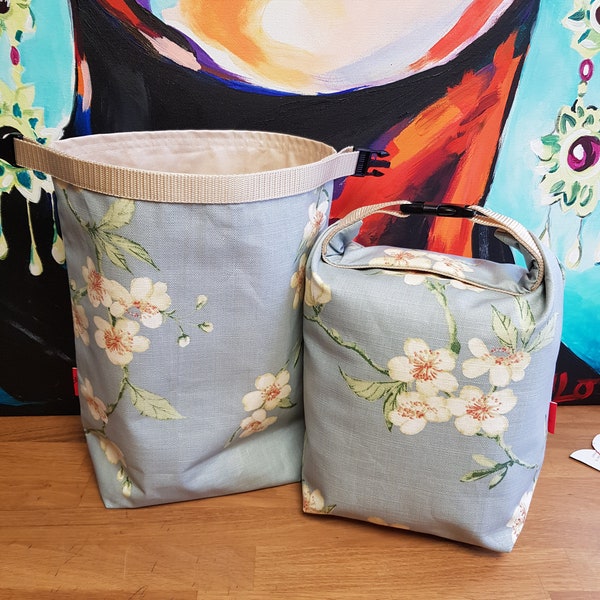 Lieblings Rolltop Lunchbag / Wetbag, Öko Tex, japanische Kirschblüte in Leinenoptik, Kulturtasche, Zero Waste, Wachstuch Picknick Tasche