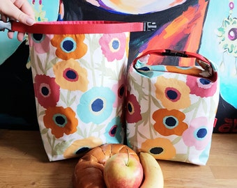 Lieblings Lunchbag XLmit Griff, bunte Mohnblumen, lebensmittelecht, waschbar, Wetbag, Snack bag, Picknick, Kulturbeutel, Wachstuch Tasche