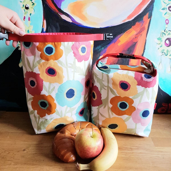 Lieblings Lunchbag XLmit Griff, bunte Mohnblumen, lebensmittelecht, waschbar, Wetbag, Snack bag, Picknick, Kulturbeutel, Wachstuch Tasche