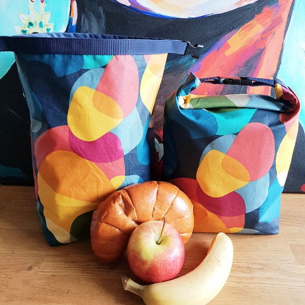 Haube & Lunchbag mit Tragegriff, lebensmittelecht, waschbar, Snack Bag, Brötchenkorb, Kulturbeutel, Fahrrad Picknick Wachstuch Tasche